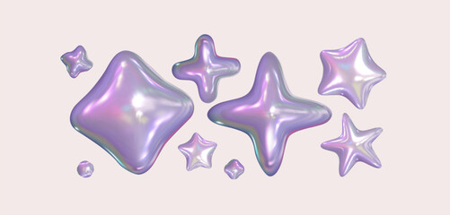 3d chrome set  holographic stars . Isolated silver abstract elements in y2k style and 90s design. Pearl fluid shapes. Iridescent purple stars and shapes on a pastel background
