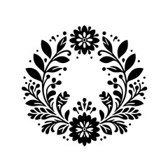 A symmetrical black floral wreath design featuring stylized flowers and leaves, on a stark white background, creating a minimalist aesthetic.