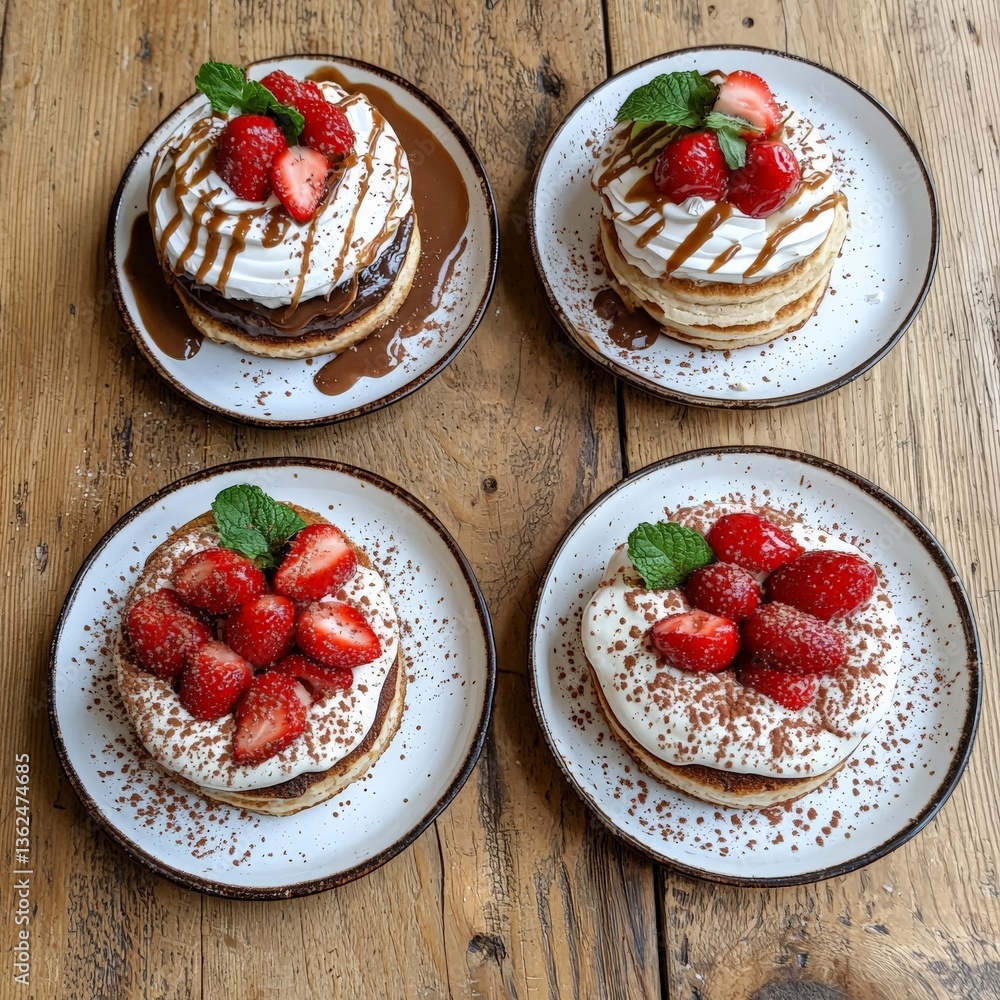 Poster chocolate cupcakes with cream topping and strawberries styled in symmetrical top down view on rustic