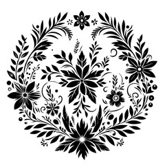 A symmetrical black and white floral mandala, featuring intricate leaves, flowers, and botanical elements arranged in a circular design.