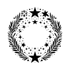 Fototapeta premium A symmetrical, monochrome Christmas wreath, composed of stylized foliage, stars, and a snowflake, creating a festive, circular design on a white backdrop.
