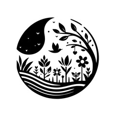 A minimalist, black and white circle design featuring a stylized landscape with a crescent, birds, plants, and a tree with a heart, evoking tranquility.