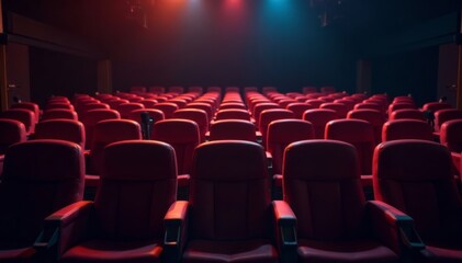Fototapeta premium Empty chairs with microphones stand like sentinels in the dark, vacant, microphones