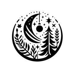 A whimsical black and white circular design depicting a crescent moon, stars, a hanging ornament, and stylized trees and foliage, creating a celestial and nature-inspired holiday scene.