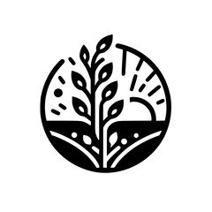 A minimalist black and white logo depicting a plant sprouting towards the sun within a circular frame, surrounded by stylized landscape details.