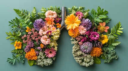Obraz premium Nature art of floral lungs, vibrant and colorful flowers, fresh botanical design, petals, leaves, and greenery intertwined to form lung shape, lively and organic artwork