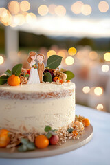 Rustic wedding cake with cartoon topper and bokeh lights
