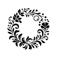 Elegant Black Floral Wreath Design, Featuring Stylized Flowers, Leaves, and Berries, Isolated on a Crisp White Background, Ideal for Decorative Elements.