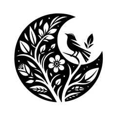 A stylized black and white illustration of a bird perched on a branch within a crescent moon, encircled by foliage and a central flower.