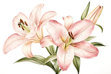 Elegant Watercolor Pink Lily Illustration with Blooming Flowers & Bud on White Background