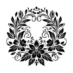 Intricate Black and White Floral Wreath Design with Detailed Petals, Leaves, and Swirls, Creating a Symmetrical and Elegant Composition.
