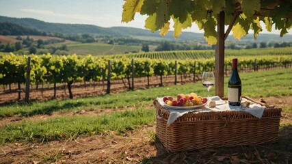 A picnic basket with wine and fruit in a vineyard setting.