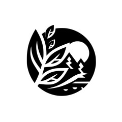 Stylized Black and White Nature Logo: Leafy Branch Overlooking Mountain Silhouette with Rising Sun in a Circular Composition.