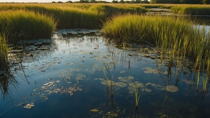 Obraz premium Serene wetland scene with tall grasses and lily pads reflecting the sky.