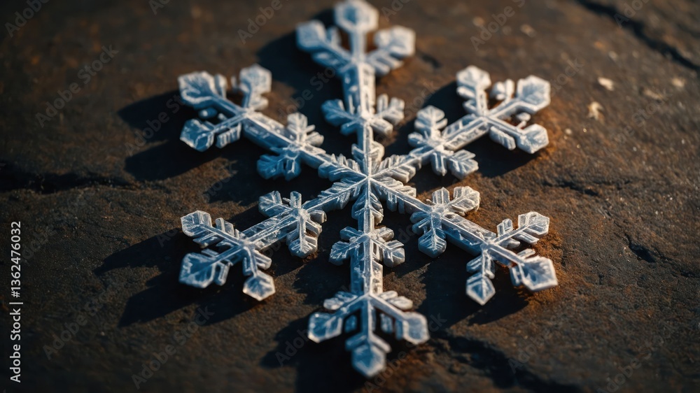 Poster a close-up of a delicate snowflake resting on a textured surface, showcasing its intricate design.