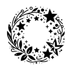 Elegant black and white illustration: A circular wreath design composed of stars, leaves, and dotted embellishments on a white background.