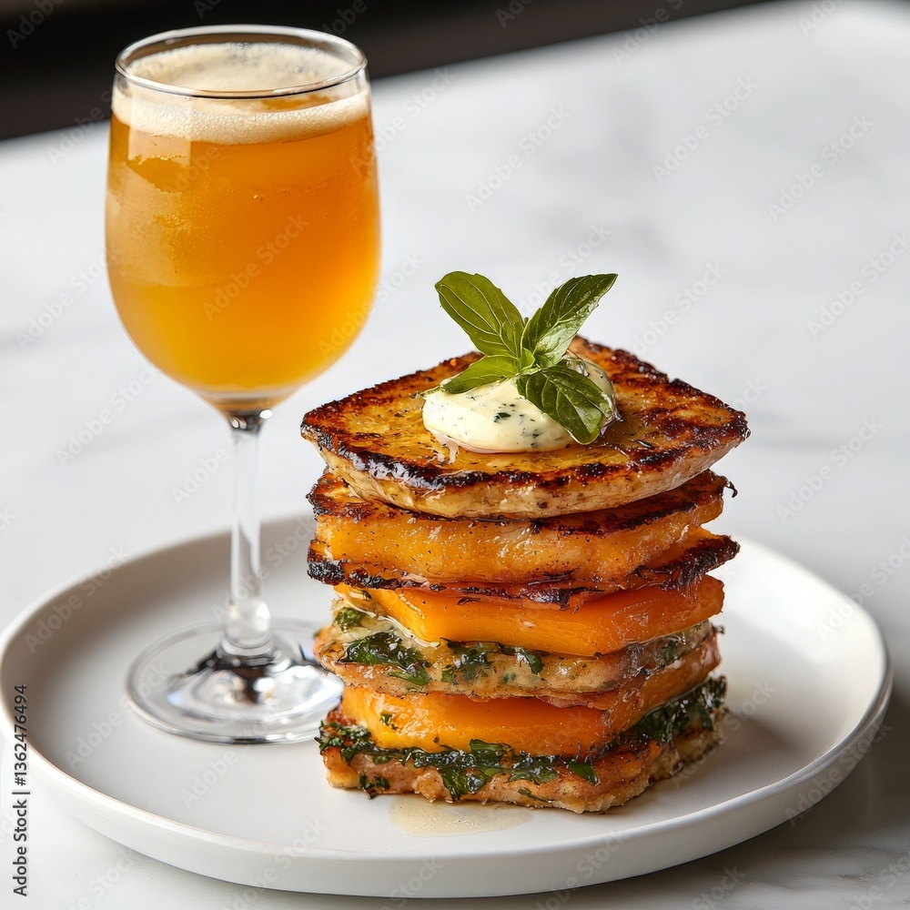 Poster pancake stack served with citrus drink in elegant brunch table setting under daylight tones highligh