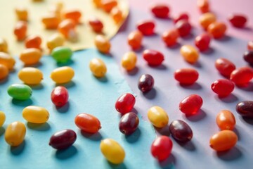 Jelly beans scattered on table top in colorful arrangement, candies, kitchen counter