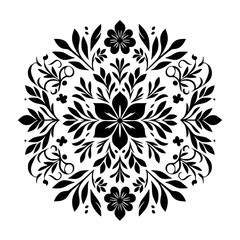 A symmetrical black and white floral mandala illustration featuring detailed leaf and flower patterns, perfect for decorative design elements.