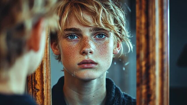 Teenage boy looking in antique mirror, serious expression, vintage feel, possible for self-reflection ad
