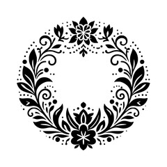 Elegant Black and White Floral Wreath Design on White Background, Featuring Intricate Botanical Elements and Dots, Ideal for Decorative Use and Graphic Design.