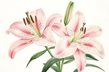 Fototapeta premium Elegant Watercolor Pink Lily Illustration with Blooming Flowers & Bud on White Background