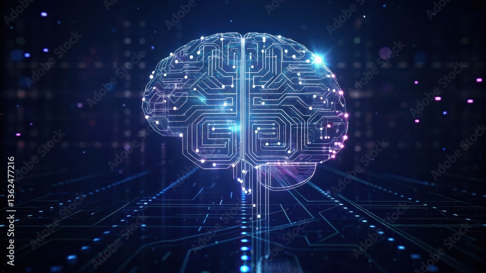 Poster digital brain with circuitry against a dark background.