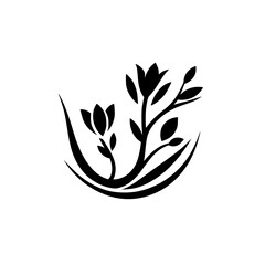 Minimalist Black and White Floral Design Featuring Two Stylized Flowers and Curved Lines, Ideal for Branding or Logos.