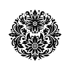 A symmetrical floral mandala, rendered in stark black and white, showcasing intricate leaf and petal patterns in a circular composition.