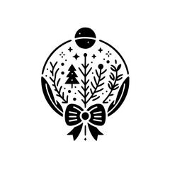 Festive Black & White Circular Icon Featuring Christmas Elements, Including a Tree, Bow, and Foliage, Surrounded by a Stellar Pattern.