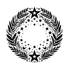 Fototapeta premium Black and white celestial wreath design, featuring star and leaf motifs, perfect for holiday decorations or festive imagery.