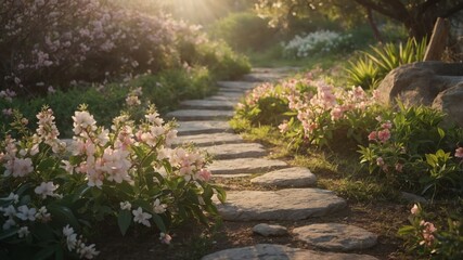 Fototapeta premium A serene garden path lined with blooming flowers, illuminated by soft sunlight.