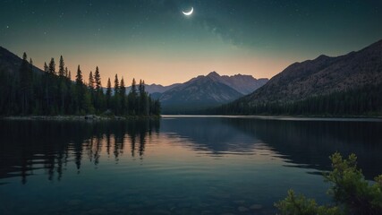 Serene lake landscape at dusk with mountains and a crescent moon.