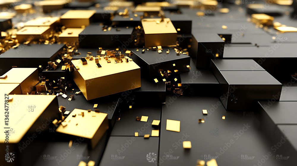 Poster cubes of contrasting colors are randomly scattered in composition