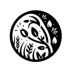 Black and White Floral Emblem: Simplified botanical illustration of leaves, flowers, and grasses contained within a circle, evoking nature's harmony.