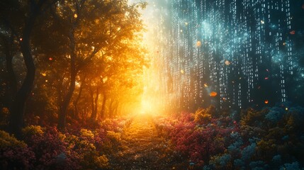 Fototapeta premium Transformative Digital Interface Evolving into Serene Nature Scene