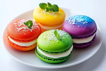 Colorful macarons with mint and powdered sugar creating a vibrant presentation
