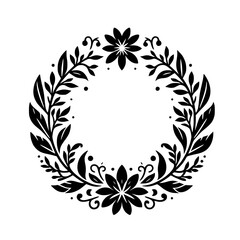 Intricate Black and White Floral Wreath Design: An Elegant Circular Composition with Detailed Leaves, Flowers, and Decorative Elements, Creating a Delicate and Harmonious Frame.