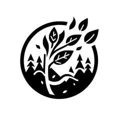 A minimalist black and white graphic, depicting a tree with leaves inside a circle containing pine trees, and a mountain against a white background.