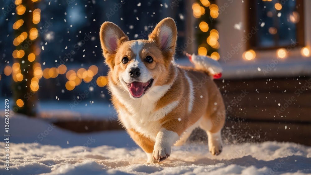 Poster a joyful corgi running through snowflakes in a winter setting with festive lights.