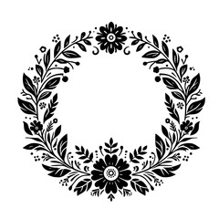 Intricate Black and White Floral Wreath Illustration Featuring Detailed Leaves, Flowers, and Berries, Ideal for Decorative Design