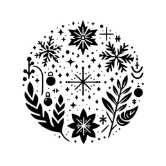 A stylized circular composition, featuring winter-themed motifs such as snowflakes, stars, and botanical elements in black, against a clean white background.