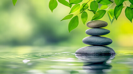 A serene Zen stone pyramid balanced on the water's surface, with green leaves gently resting over it.