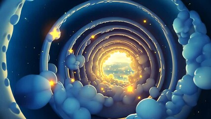 Abstract circular tunnel of clouds with a glowing light at the end for dreamy journeys