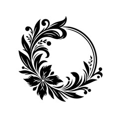 Elegant black and white floral circle frame, composed of swirling leaves, intricate flower, and berries on a white backdrop.