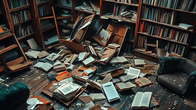 Aftermath of chaos in a library with fallen bookshelves and scattered books everywhere