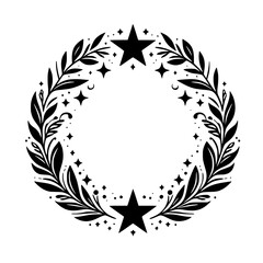 Fototapeta premium An elegant, black and white circular floral wreath design, featuring stylized leaves, stars, crescent moons, and dots, creating a celestial frame.