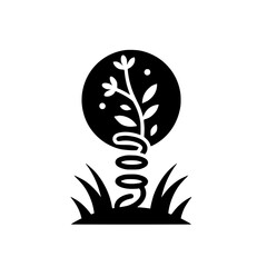 A stylized black and white minimalist illustration of a growing plant with stylized leaves and flower with a spring-like stem emerging from grass under a circular backdrop.