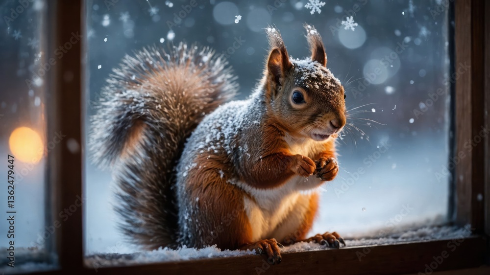 Poster a snowy squirrel perched on a window ledge, surrounded by falling snowflakes.