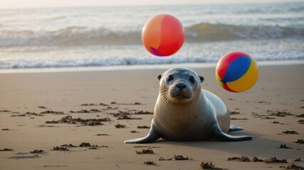Obraz premium A seal on the beach with colorful beach balls in a playful setting.